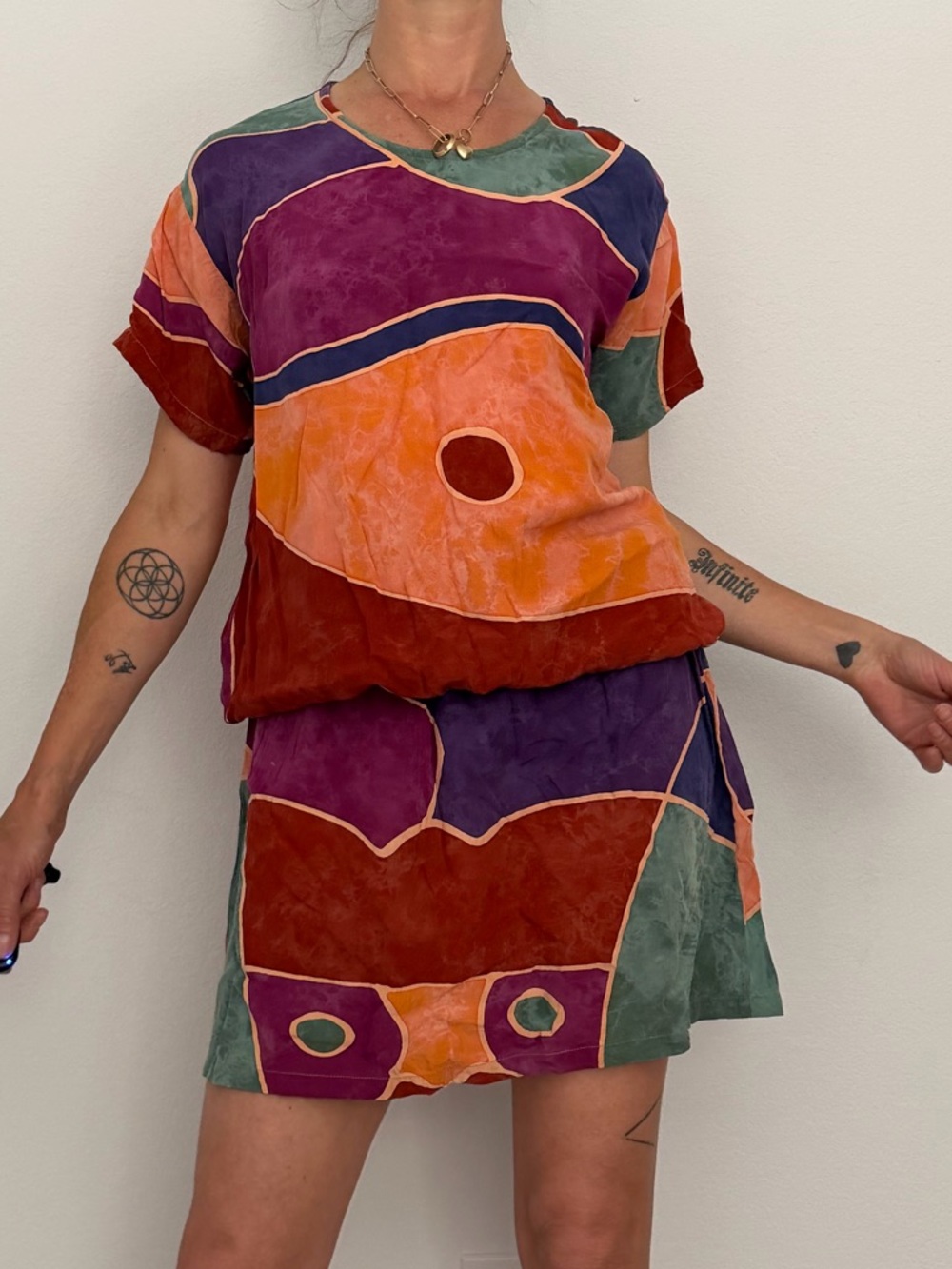 VTG Tropical Tantrum Hawaii Vibrant Colorblock Mini Dress Orange, Purple & Green